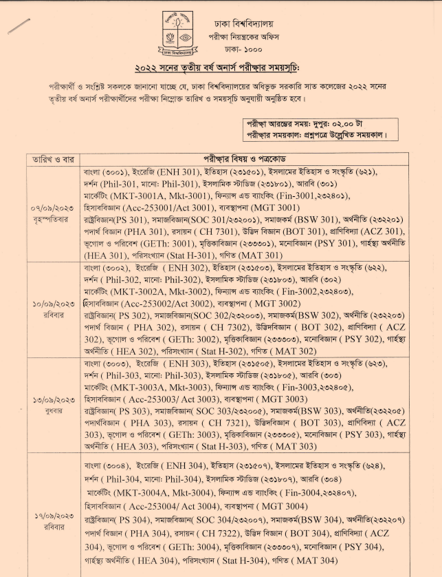 ঢাবি অধিভুক্ত ৭ কলেজের অনার্স ৩য় বর্ষের পরীক্ষার রুটিন ও সিট প্ল্যান প্রকাশিত-